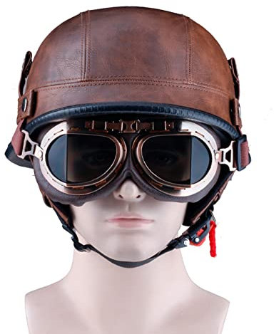 Ever TA Jethelm Motorradhelm Leder, Halbschalenhelm Mit Visier, Deutsche Rollerhelm DOT/ECE-Zulassung, Vintage Halboffener Helm, Retro Helm Mofahelm Chopperhelm, Open Face Helm Herren Damen