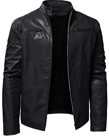 YUDATPG Men Faux Leather Jacket PU Motorcycle Bomber Slim Soft Touch Classic Stand Collar Casual Zipped Coat Thicken Warm Windproof Thermal Windbreaker Plush (m, Black)