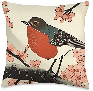 Delicate and Beautiful Red Robin Cherry Blossom Cute Design Throw Pillow