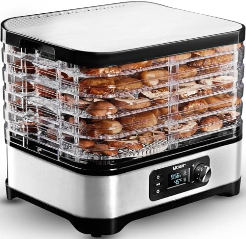Yoer VitaSave FD01S - Essiccatore in acciaio INOX, 450 W, 6 scomparti + 9 accessori, 4725 cm2, timer da 24 ore, indicatore LED, senza BPA, essiccatore per alimenti, essiccatore per frutta