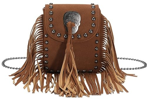 Theaque Bolso cruzado con flecos, bolso vintage con flecos, bolso de hombro con borla para mujer, Brown, 19x15cm