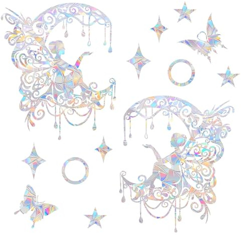 Shawula 21PCS Fairy and Moon Window Clings - Anti-Collision Decals to Save Birds, Non-Adhesive Prismatic Vinyl Clings, Rainbow Stickers
