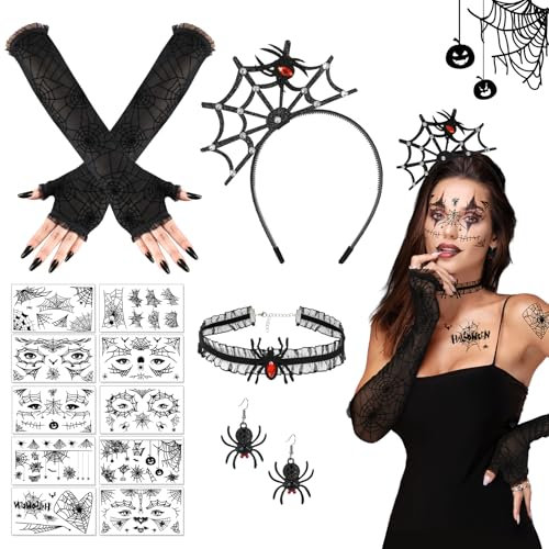 Beipegin Spinnen Kostüm Damen Accessoires,Spinnen Netz Haarreifen Halloween Spinnen Halsketten Ohrringe mit Tattoos Halloween Haarreif Halloween Accessoires