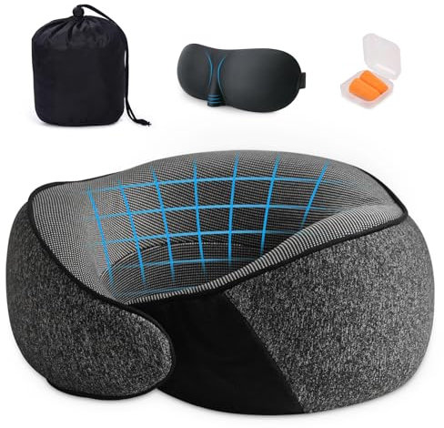 mauepersu Nackenkissen Flugzeug, Reisekissen 100% Memory Foam,Memory-Schaum-Nackenkissen-Set mit 3D Augenmaske, Ohrstöpsel und Aufbewahrungstasche,Ergonomisch Gestaltetes Reisekissen