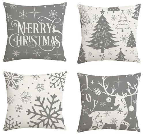Avezano Grey Christmas Cushion Covers 45 x 45 cm Winter Snowflake Deer Cushion Covers Christmas Holiday Pillow Covers for Sofa Couch Bed Home Decorations Set of 4