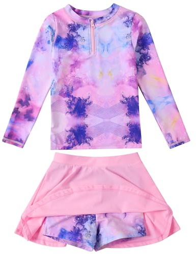 Hovershoes Girls Swimming Costume Kids Two Pieces Swimsuit Toddler UPF50+ Bathing Suit Long Sleeve Rash Guard Swim Set Beach Swimming Skirt with Shorts Summer Swimwear Pink Purple