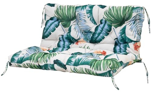 Warmiehomy 2/3 Seater Patio Swing Cushion with Backrest, Waterproof Garden Bench Cushion with Back, 150x100x8cm Comfortable Outdoor Bench Seat Cushion with Ties for Canopy Furniture, Leafage