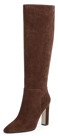 VIUGJNEX Women Knee High Boots Almond Toe Chunky Block High Heel Side Zipper Long Boots for Women, Suede Chocolate, 7 UK