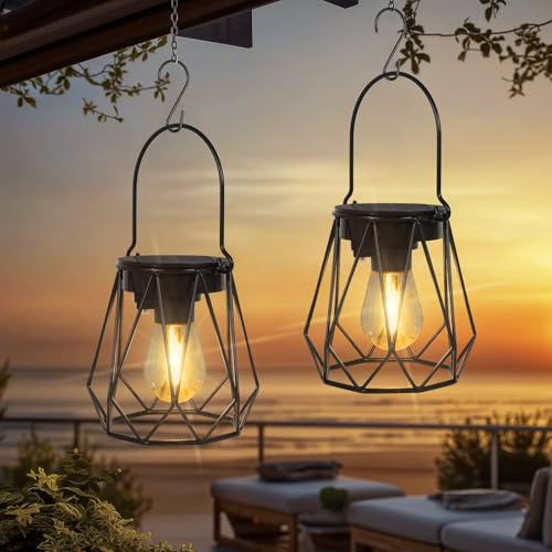Ketom 2 Piezas Farolillos Solares Exterior, IP65 Impermeable Faroles Solares, Metal Lampara Solar Jiardin, Colgante/De Pie, para Decoración Terraza, Patio, Balcón, Camping, Octogonal