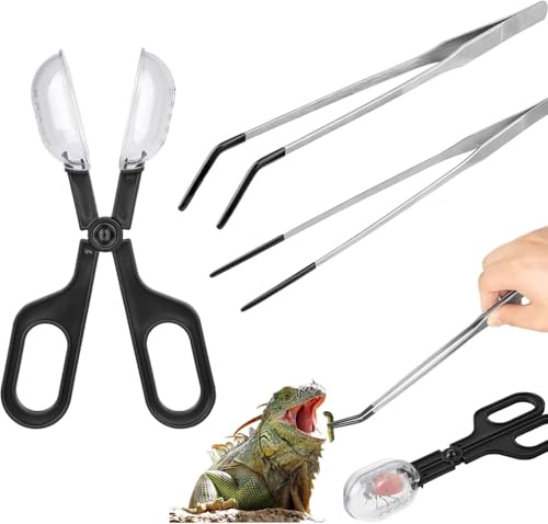 3Pcs Reptile Feeding Tweezers Set with Rubber Tip, 10.6 Inch Long Tweezers Set Straight and Curved, Stainless Steel Feeding Tweezers for Bearded Accessories, Leopard Gecko and Jumping Spider