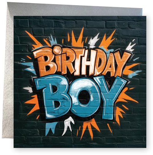 Birthday Card for Boy. Graffiti with Gloss Text Design. 150x150mm supplied with Envelope. Eco-friendly. Message inside. Made in Britain.