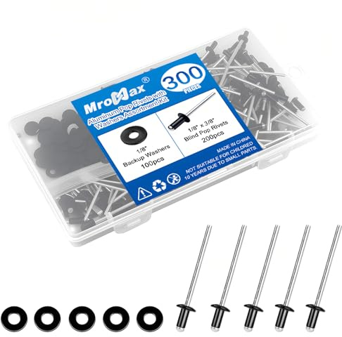 300Pcs 1/8 x 3/8 Black Pop Rivets with Washer Assortment Kit, 3.2 x 10mm Aluminum Blind Rivets, Stainless Steel Washers, Aluminum Grip and Steel Mandrel, for Metal/Automotive/Furniture/Instruments