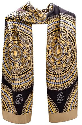Seta Sole Sciarpa in 100% Seta Made in Italy 45x160 cm Mandala Disegnato a Mano Foulard Elegante Donna Beige