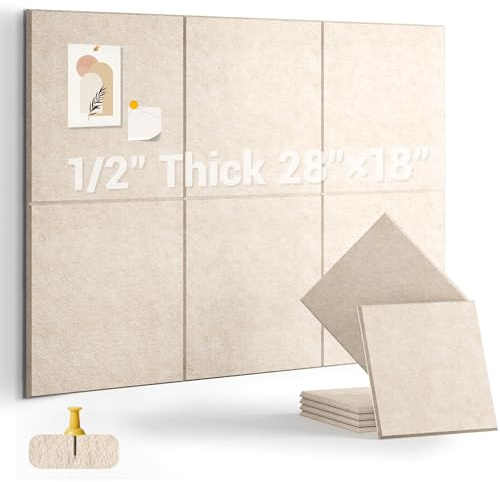 AkuDecor 1/2 Thick Cork Board for Office, 6 Pack Felt Wall Tiles -28x18 with Safe Adhesive Tabs, Large Bulletin Board, Push Pin Board Organizer Wall - Beige