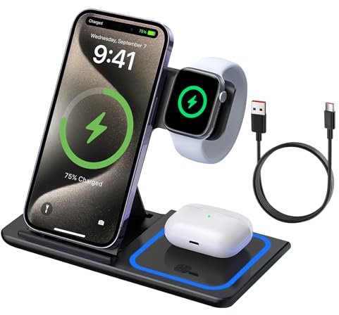 Cargador Inalambrico 3 en 1, Carga para iPhone 17 16 15 14 13 12 Pro MAX Apple Watch 10 9 8 7 6 SE 5 4 3 AirPods 2 3 4 Pro Samsung Galaxy S25 Ultra S24 S23 Galaxy Watch 8 Ultra Plegable Estación
