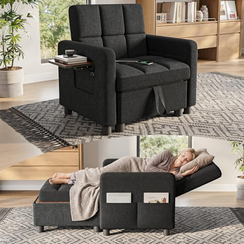 TROMIRY Convertible Sleeper Chair 3 in 1 Pull Out Sofa Bed | Single Sofa Bed with Storage Ottoman and Adjustable Backrest | Reading Chair with Foldable Table & USB Port, Black