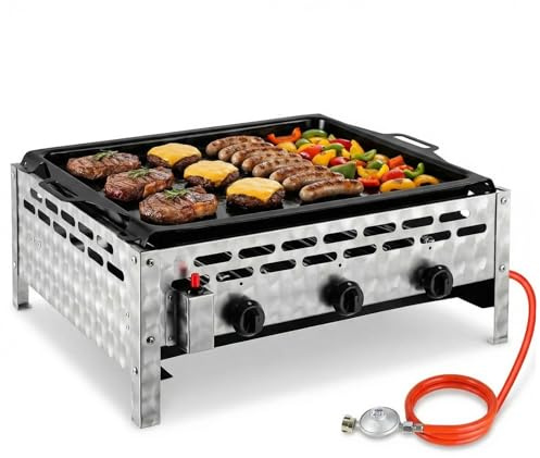 TLSUNNY Edelstahl Gasbräter 3-flammig 12 kW, Gasgrill Kommerzieller, Profi Gastrobräter & Tischbräter mit Emaille-Grillplatte, Gleichmäßig Tischgrill für Gastronomie, Outdoor, Garten, 69x52x27 cm