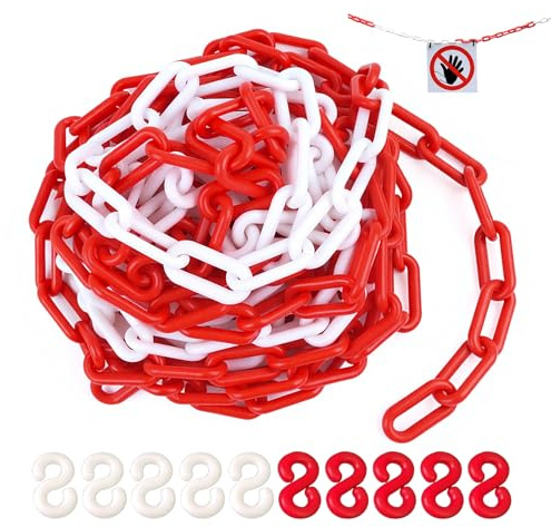 Plastsignalkedja, vit röd uppmärksamhetskedja, 10 m x 8 mm vit röd plastsignalkedja, säkerhetskedjor för byggarbetsplatser, parkeringsplatser, lager