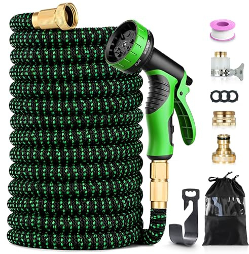 Manguera Extensible 15m Verde, Tubo de Agua Flexible para Jardinería y Limpieza, Manguera Retráctil Resistente al Desgaste, Accesorios de Conexión Rápida