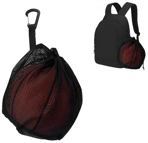 HUILLIGHT Zaino Rete Porta Pallone con Tasca Zip Sacca Mesh Traspirante con Cordino Regolabile e Moschettone per Calcio Basket Pallavolo Rugby Sport Leggera Portatile