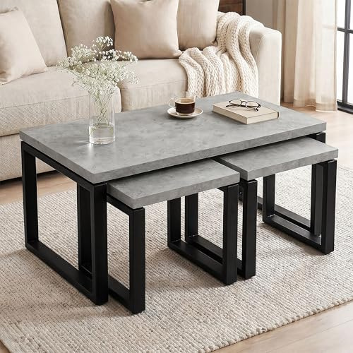 Blisswood Industrial Nest Tables 3 Piece Set, Modern Nesting Coffee Tea Table Set 3 with Metal Frame Support (Concrete)