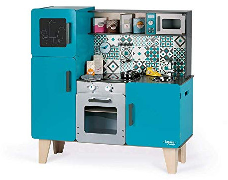 Janod Wooden Play Kitchen Lagoon Maxi with Fridge and Microwave Oven - Pretend Play Toy Kitchen - 15 Accessories Included - From 3 Years Old, J06555