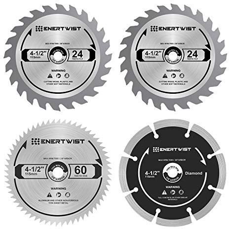ENERTWIST 4-1/2 Inch Compact Circular Saw Blade Set, Pack of 4-Pieces TCT/HSS/Diamond Saw Blades Assorted for Wood/Plastic/Metal/Tile Cutting, 3/8in Arbor, ET-CSA-4