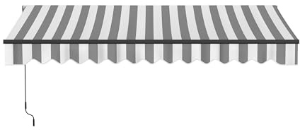 Aleko 13x10 feet Caribbean Style Manual Black Frame Awning, UV-Protected Sunshade Canopy with Hand Crank and Durable Steel Frame for Deck, Porch, Backyard - Seagull Gray & White Striped