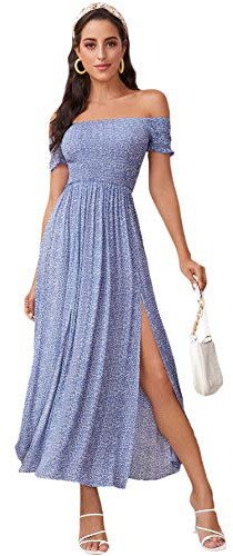 Floerns Women's Boho Floral Print Off Shoulder Split Long A Line Dress Blue Flower S