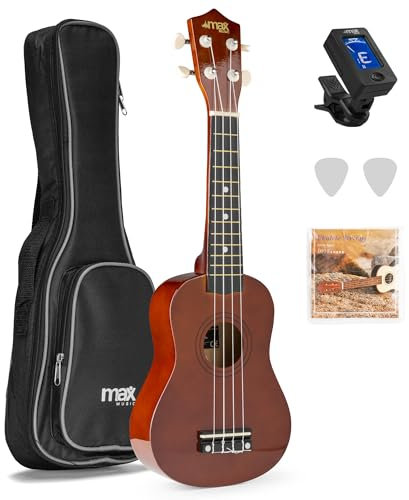 MAX UKEY Ukulele Komplett Set inkl. Plektren, digitalem Stimmgerät und Tasche, 21 mini Gitarre, Ukulele Erwachsene mit Zubehör für Anfänger, Soprano, 4 Nylon Saiten, 12 Bünde - Braun