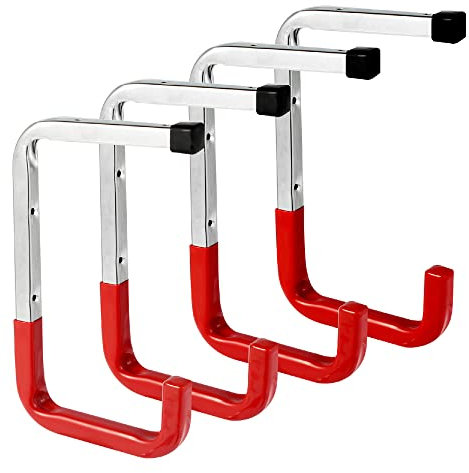 Sinoer Wand-Deckenmontage Garage Lagerung Stahlhaken, Heavy Duty Großer Leiterhaken Organizer Metallhaken für Gartengeräte, Leitern, Fahrräder, Stühle (4 Stück, rot)