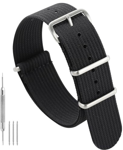 TACTICAL FROG Nylon Watch Band 18mm 19 mm 20mm 22 mm 24 mm, Waterproof Military Watch Straps Replacement for Men Women, With Stainless Steel Buckle (Black, 20mm)