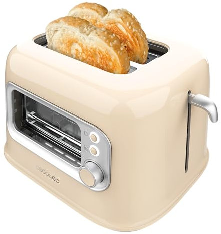 Cecotec Tostadora Vertical con 2 Ranuras Anchas y Ventana Control RetroVision Beige. 700W, Diseño Retro, Cubierta Antipolvo, Apagado y Pop-up Automático, 5 Niveles de Potencia, Beige