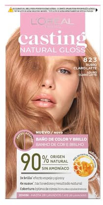 L'Oréal Paris Casting Natural Gloss, Baño de color y brillo, Cobertura óptima, Con Acondicionador Nutritivo con Miel, Sin Amoniaco, Color: Rubio claro Latte 823
