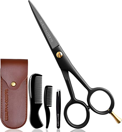 Tijeras profesionales alemanas para barba de 5 pulgadas para hombres, 2 peines de bigote para vello facial con hermosa bolsa y pinzas, tijeras de bigote para hombres, para aseo, corte, peinado,