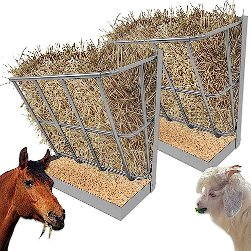 BUYYAH 2Pcs Hay Feeder Goat, 21.5 Gallon Multiple Sided Goat Hay Rack, Heavy Duty Iron 2 in 1 Hay Rack for Sheep, Horses, Goats with Detachable Grain Tray, Effortless Installation in Farm, Yield