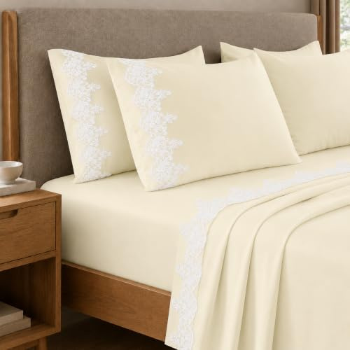 PETTI Artigiani Italiani - Set Lenzuola Matrimoniali Percalle Cotone con Pizzo Macramè Panna, Completo Letto 4 Pezzi, 100% Made in Italy