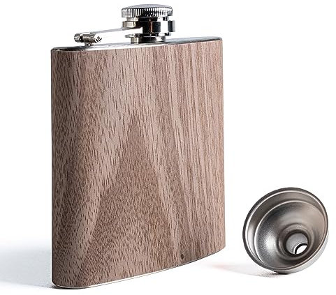 SPDYCESS Fiaschetta in Legno 6oz Fiaschetta in Acciaio Inox con Imbuto Piccole Fiasco per Liquori per Uomini Papà Regalo Campeggio Arrampicata Golf Pesca