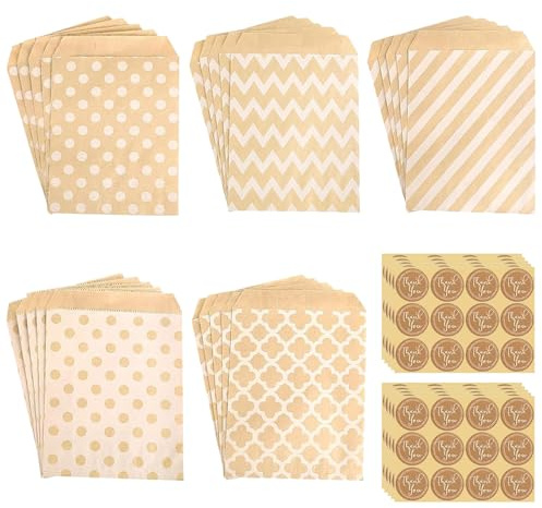 Elvielsl 100Pcs Paper Bags, Small Kraft Paper Gift Bags with Stickers Small Gift Bag Cookie Papers Bag for Sweets Treat Cookie Popcorn Snacks for Wedding Party Baby Shower Christmas (Brown)