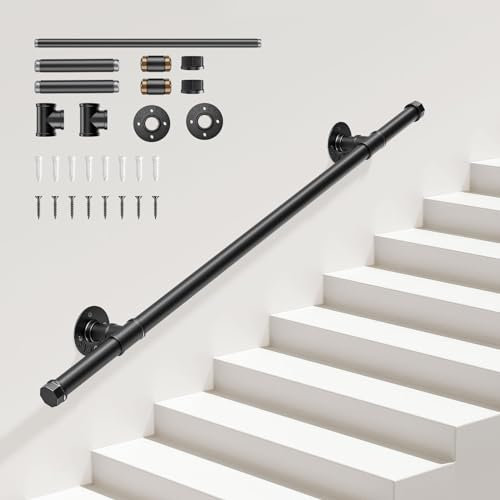 Sunowl Handlauf Treppe, Handläufe für Treppen 1M, Treppengeländer Innen und Außen, Verzinkter Handlauf Schwarz für Behinderte Kinder Altere, Wandhandlauf für Küche BadGarten Treppen