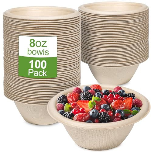 GREENESAGE 100 cuencos de cartón desechables de color marrón, 230 ml, de caña de azúcar, desechables, cuencos desechables para sopa desechables y compostables, redondos