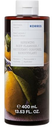 Korres Basil Lemon Revitalising Shower Gel, Dermatologically Tested, with Active Aloe Vera, Citric Fragrance, Silicone and Paraben Free, in XL 400ml Format, Vegan