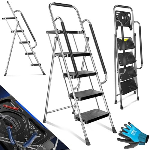 MASKO® Escalera de Tijera, Escalera de Tijera cargable hasta 150 kg, Antideslizante, incl. Guantes, Bandeja Portaherramientas y Bloqueo Automático, 4 Niveles con Pasamanos - Gris