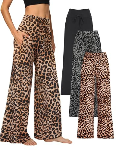 Showitty 3 Pack Women's Wide Leg Pants with Pockets, Casual Loose Pajama Palazzo Trousers Sweatpants for Yoga Lounge