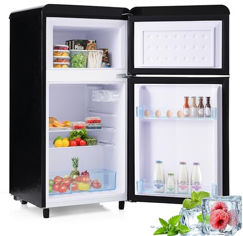 Merax Retro-Kühlschrank mit Gefrierfach, 72L Kühlschrank mit 21 Liter Gefriervolumen, Kühlschrank klein mit Gemüsefach, 120 kWh/Jahr, LED-Licht, Schwarz