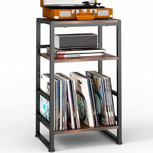 ZEXVIDA Vinyl Record Player Stand, 3-Tier End Table with Vinyl Record Storage, Record Player Table Holder Cabinet Up to 120 Albums for Living Room Bedroom - Rustic Brown