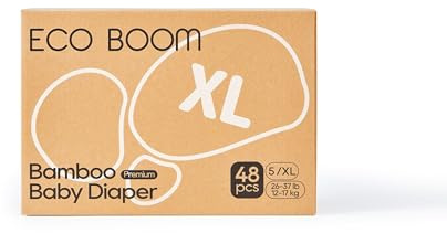 ECO BOOM Pannolini ecologici premium per bambini Taglia 5 in bambù (12-17 kg), per pelli sensibili dei bambini, confezione da mezzo mese, 48 pezzi