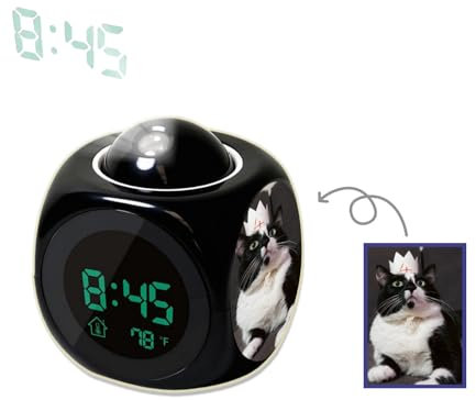 Générique Radio Réveil à Projection Personnalisé, Horloges à Projection avec Photos 180° Reveil Projecteur FM avec Alarme, Grand Affichage VA, 4 Niveaux de Luminosité de l'écran, Fonction Snooze