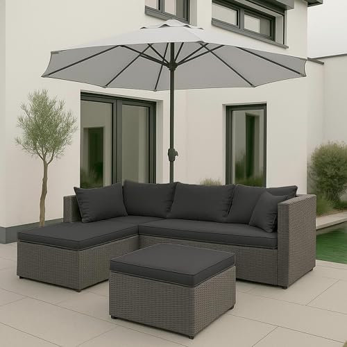 Mendler Poly-Rattan Garnitur HWC-O46, Balkon-/Garten-/Lounge-Set Sofa Sitzgruppe - grau Polster dunkelgrau