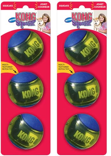 KONG Squeezz Action Ball Dog Toy – Durable Bouncy Ball with Built-in Squeaker – Great for Fetch & Chewers – Stimulates Play & Exercise (Blue, Medium (6 Pack))